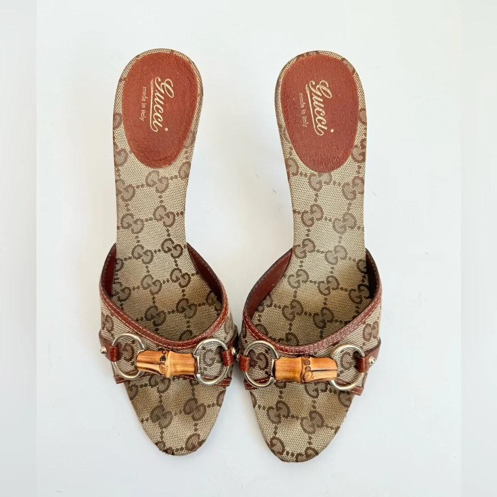Gucci Brown Leather trim GG Supreme Canvas Bamboo Horsebit mule heels 9 - Picture 2 of 7